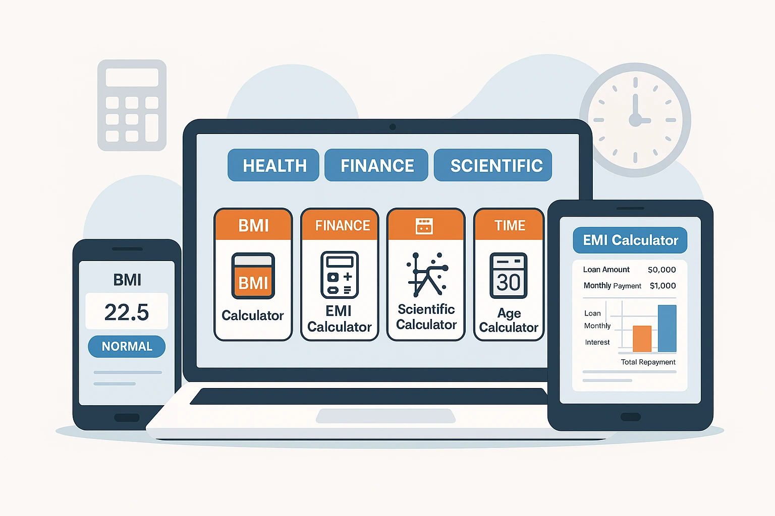 Illustration of BMI, EMI, Scientific, and Age calculators on mobile, tablet, and laptop for daily life use
