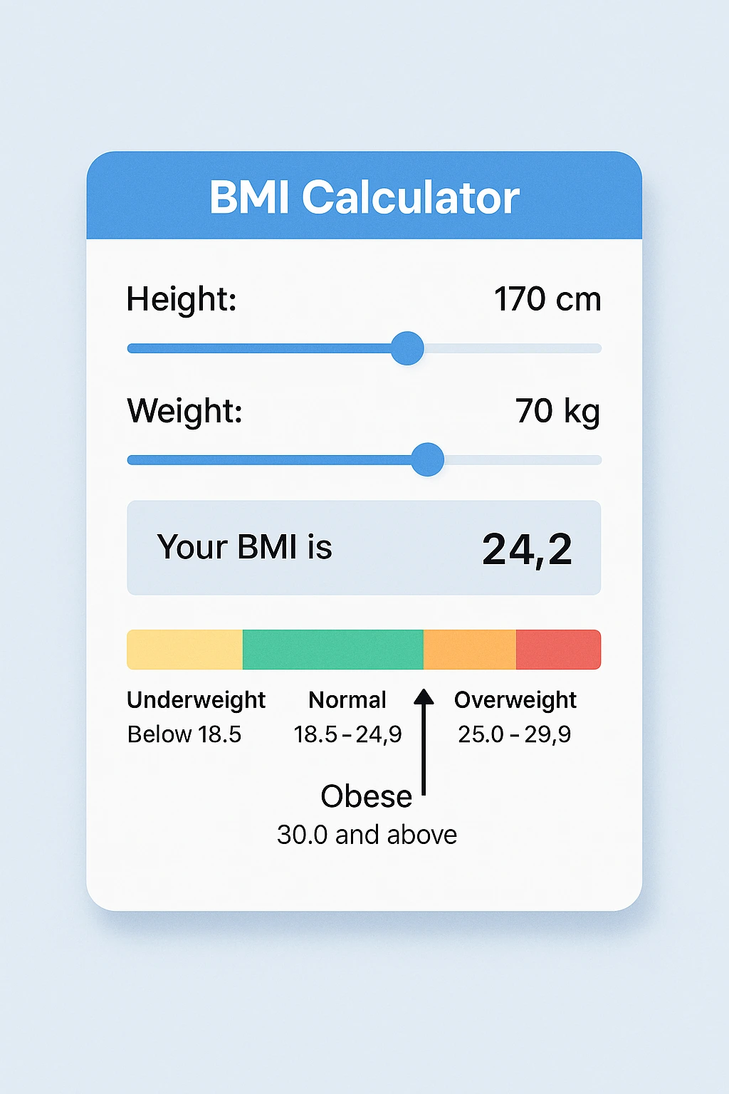 BMI Calculator interface showing height and weight sliders with a result of 24.2 and BMI category chart highlighting Normal range