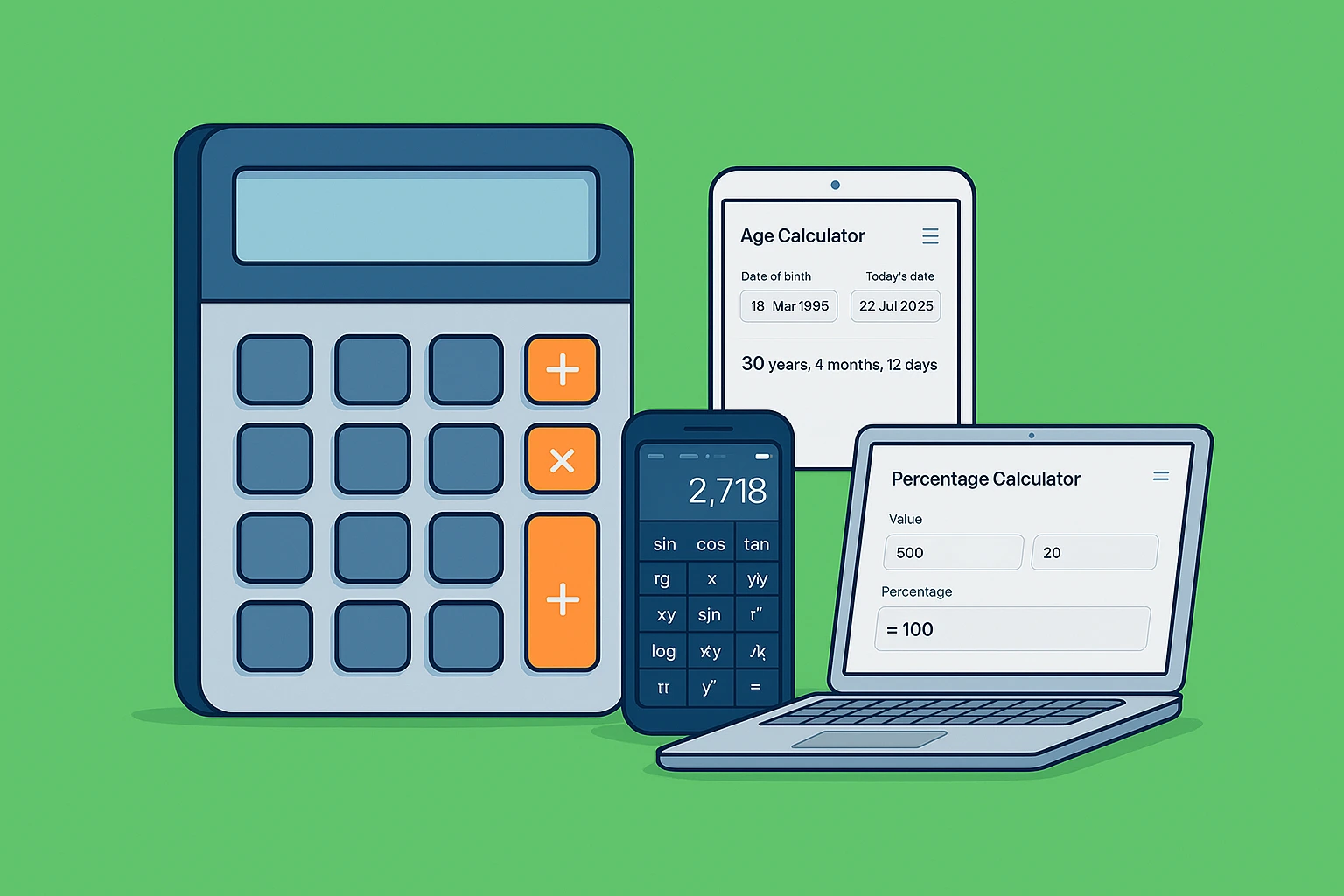 Modern flat-style digital calculator illustration with green background (#1B9C85), representing online calculation tools like BMI, age, and percentage calculators.