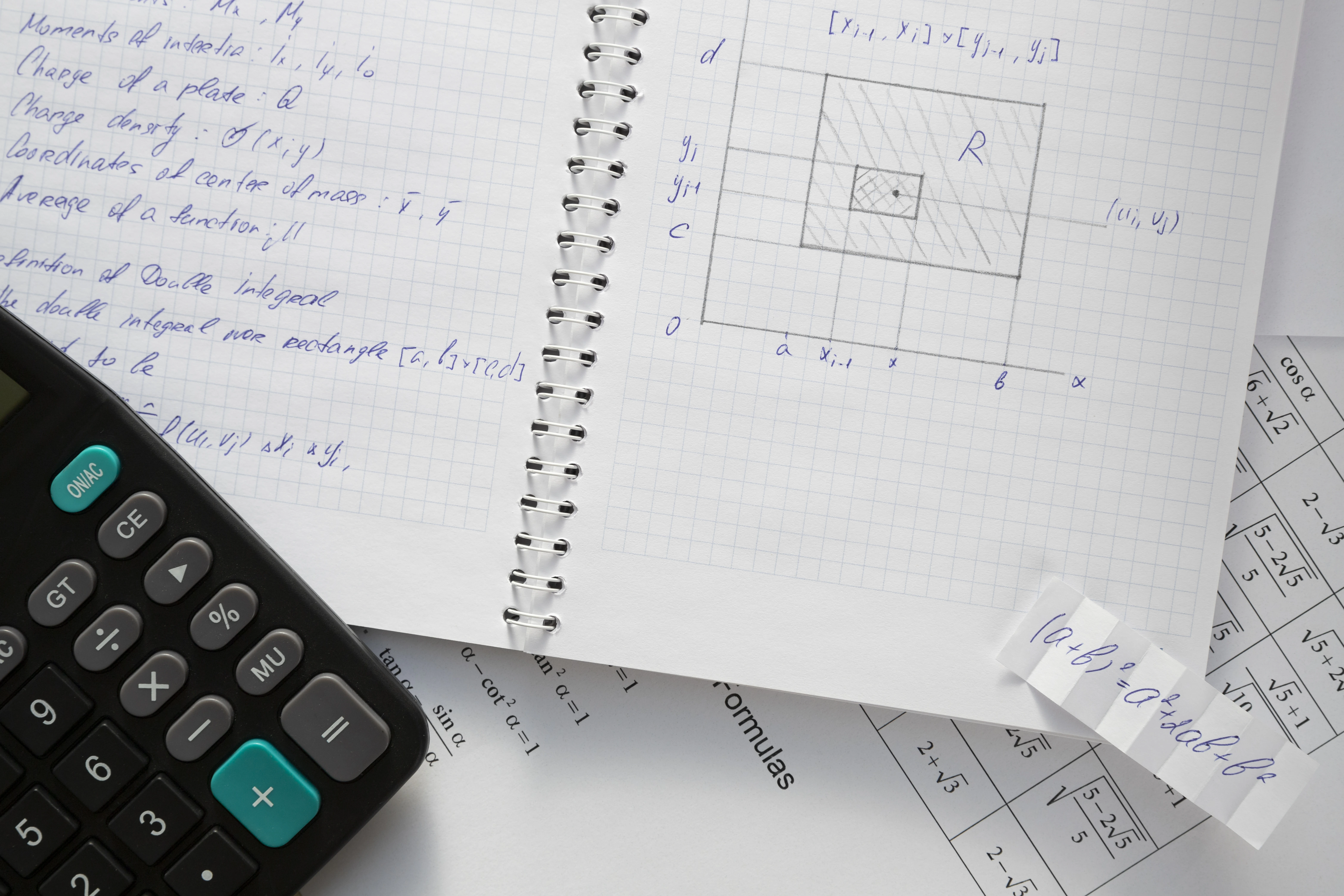 Scientific calculator next to a notebook with handwritten math formulas and graph paper