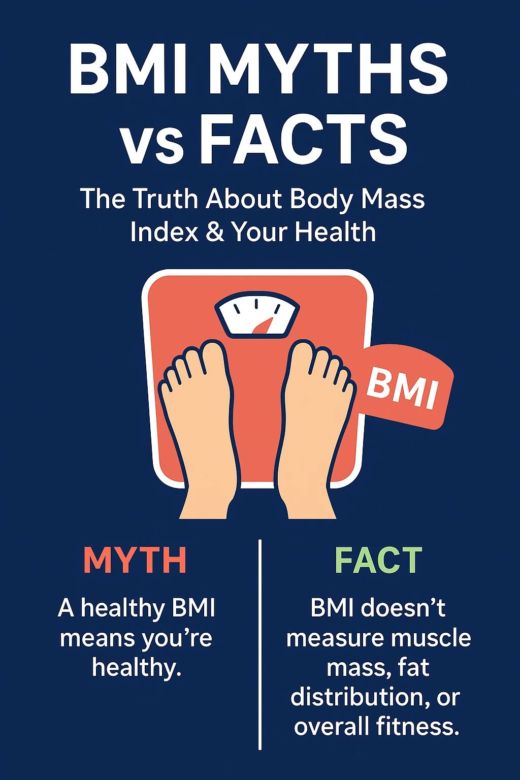 BMI Myths vs Facts: Truth About Body Mass Index and Health | Myth: Healthy BMI means you're healthy - Fact: BMI doesn't measure muscle mass or fat distribution
