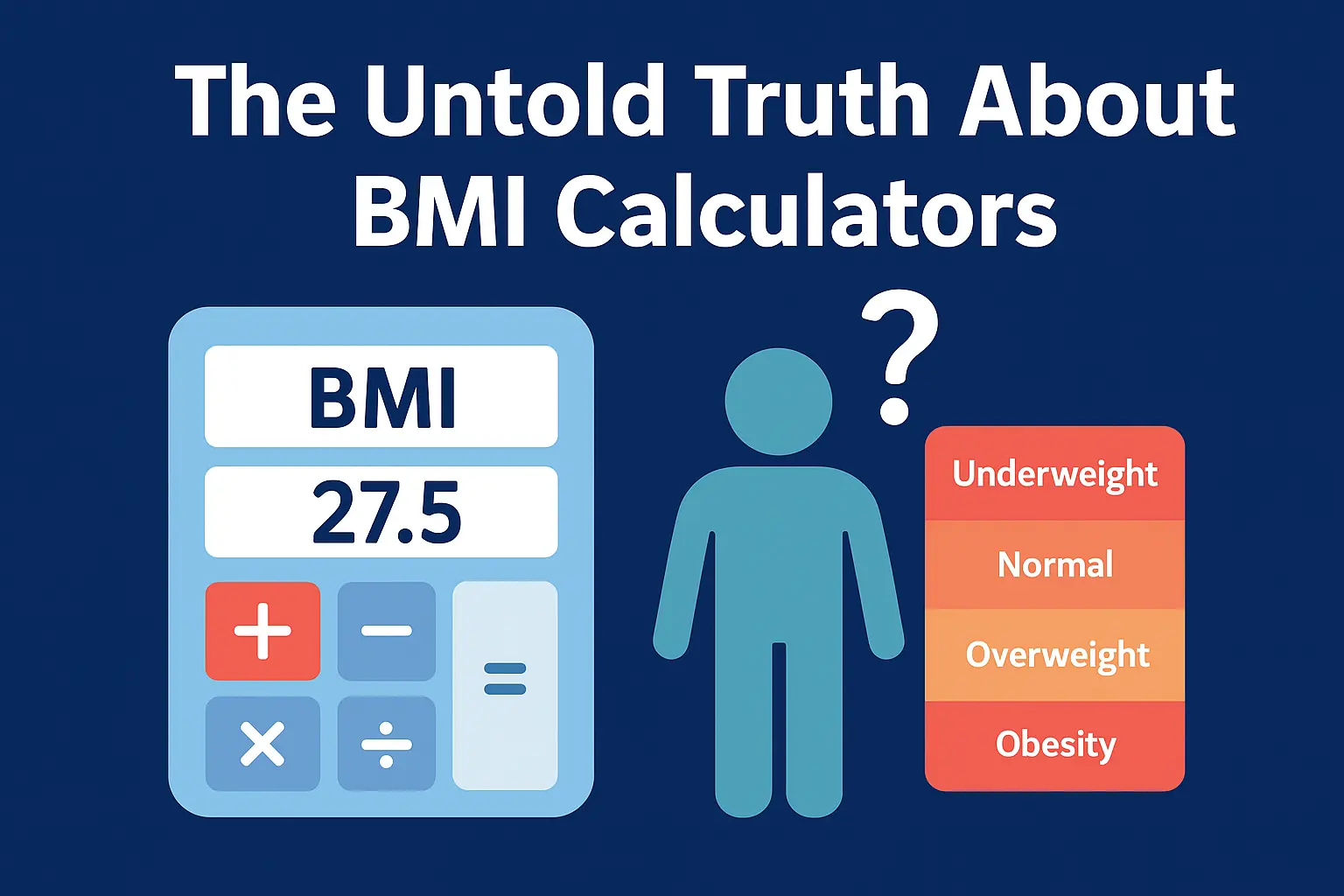 Infographic showing the untold truth about BMI calculation guide in the USA with a calculator, BMI chart, and health categories underweight, normal, overweight, obesity