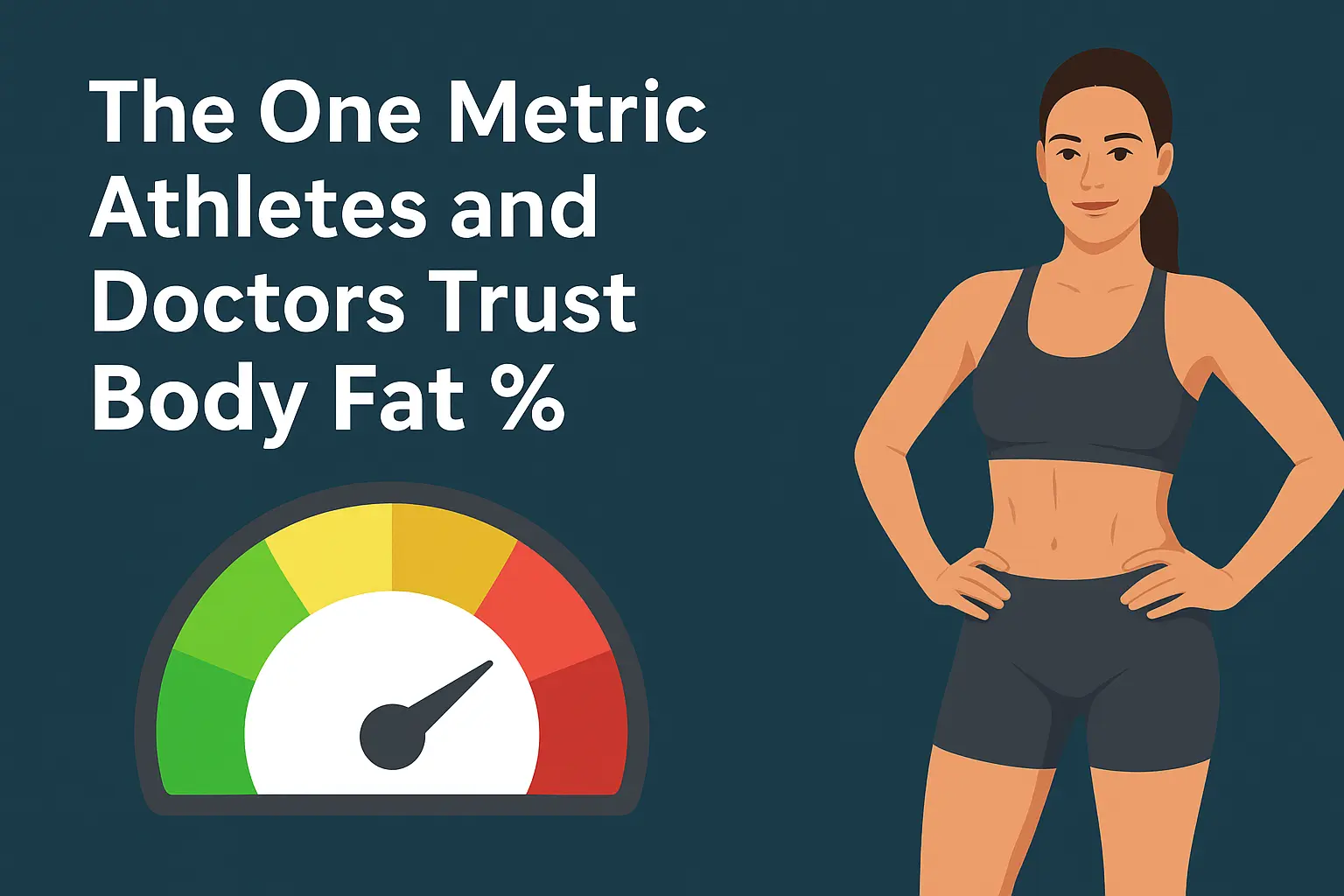 Illustration of a fit woman in workout clothes standing confidently beside a health meter, with text saying 'The One Metric Athletes and Doctors Trust Body Fat %'.