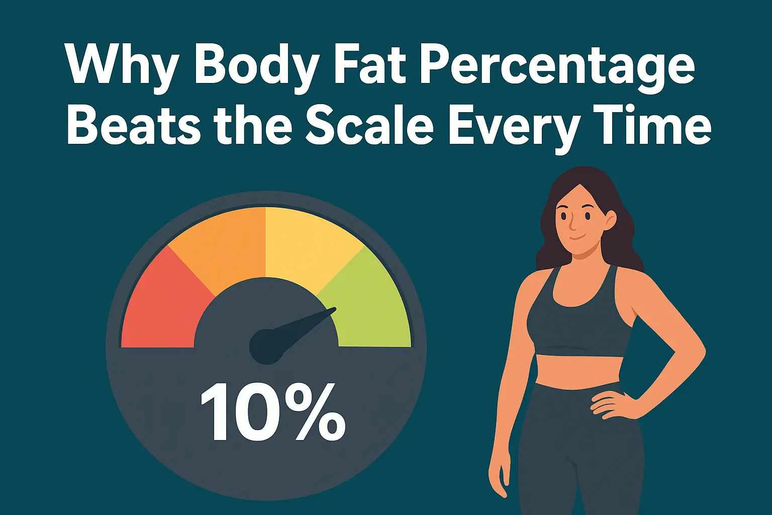 Illustration showing a woman in athletic clothing standing next to a gauge indicating 10% body fat. The title above reads 'Why Body Fat Percentage Beats the Scale Every Time'.