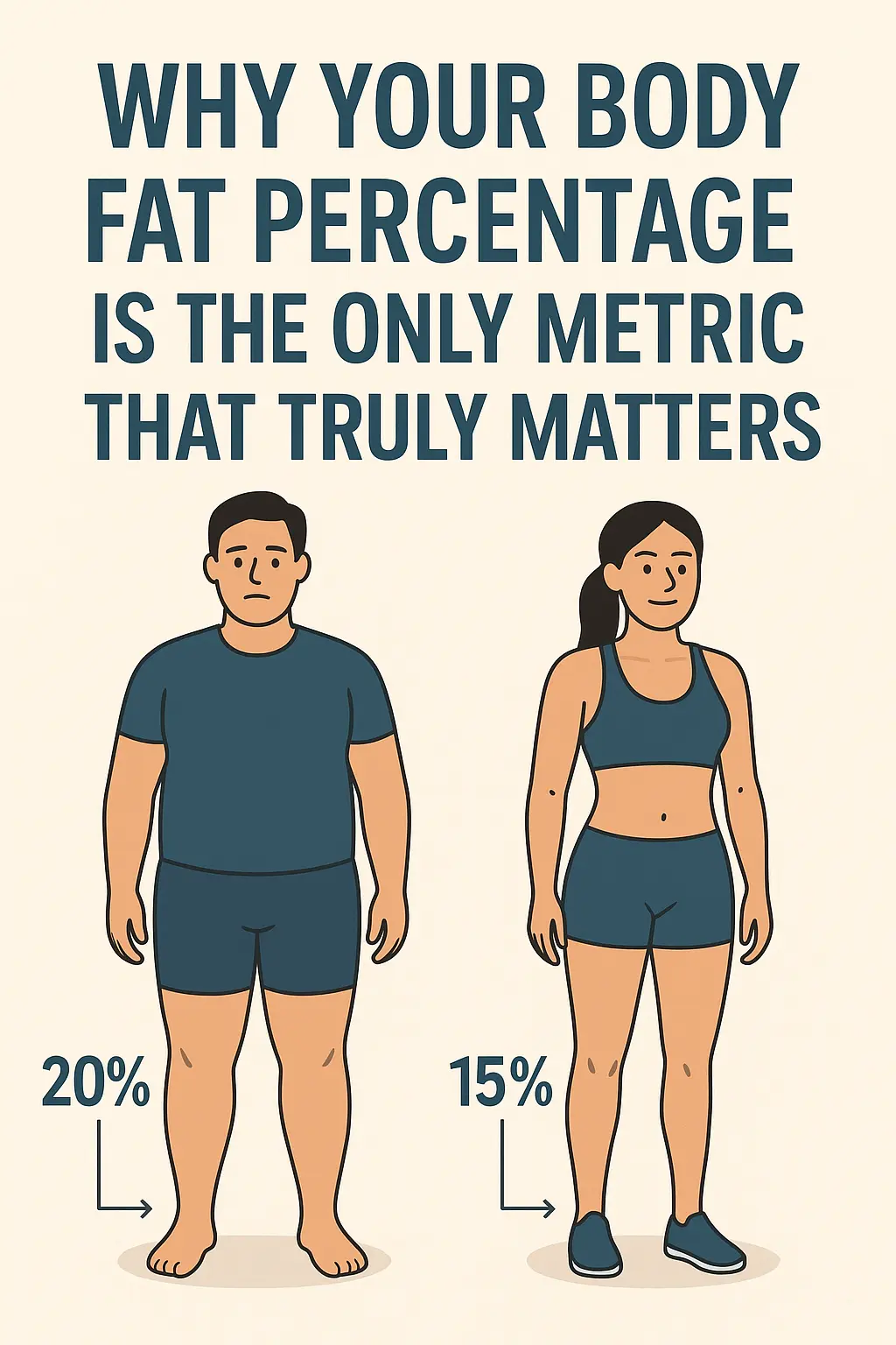 Illustration with the text 'Why Your Body Fat Percentage Is the Only Metric That Truly Matters'. Below the text, a man with 20% body fat and a woman with 15% body fat are shown side by side.