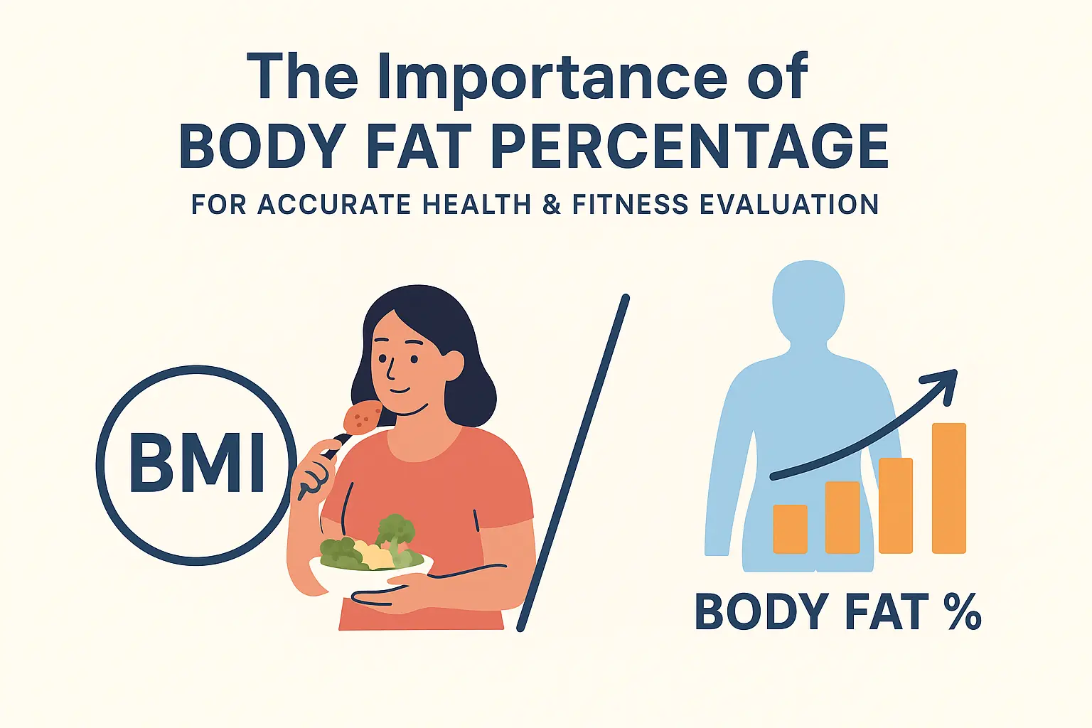 Flat-style educational graphic showing body fat percentage vs BMI comparison for health and fitness blog