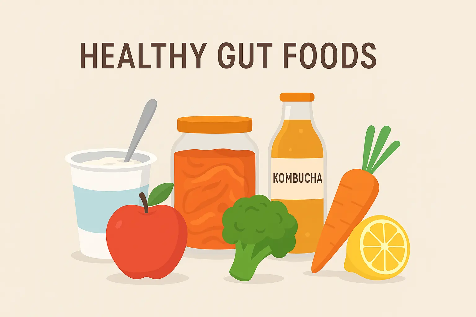 Illustration of healthy gut foods including yogurt, kimchi, kombucha, apple, broccoli, carrot, and lemon for better digestion and BMI health