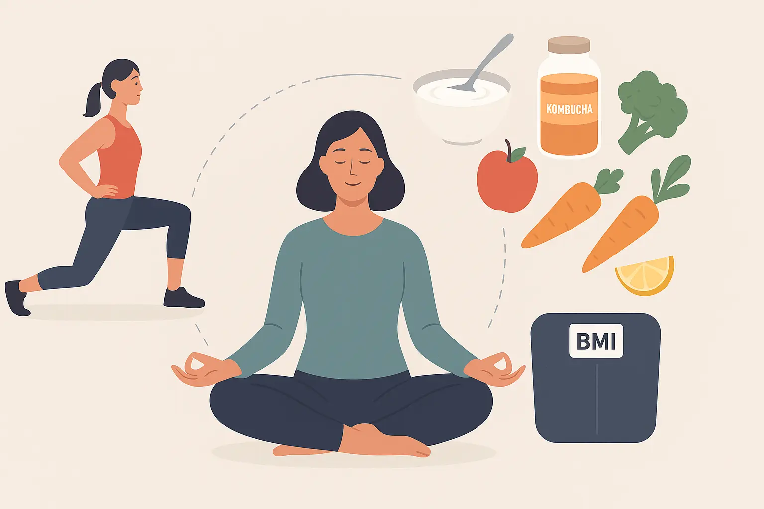 Holistic healthcare approach showing BMI with diet, exercise, and mental well-being balance