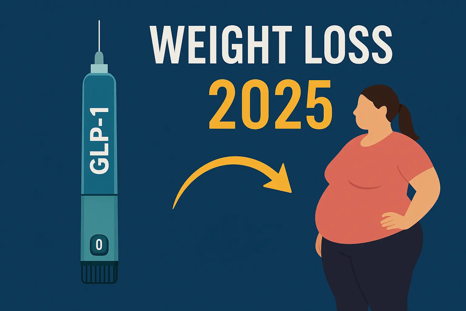Digital illustration showing weight loss comparison methods. It highlights exercise, diet, weight loss programs, surgery, and GLP-1 weight loss drugs with icons and educational infographic style.